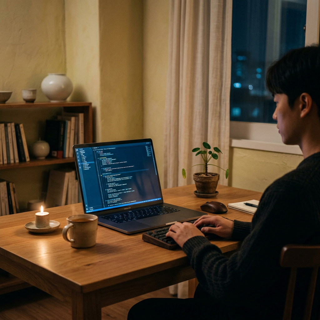 A minimalist desk with a single glowing screen showing lines