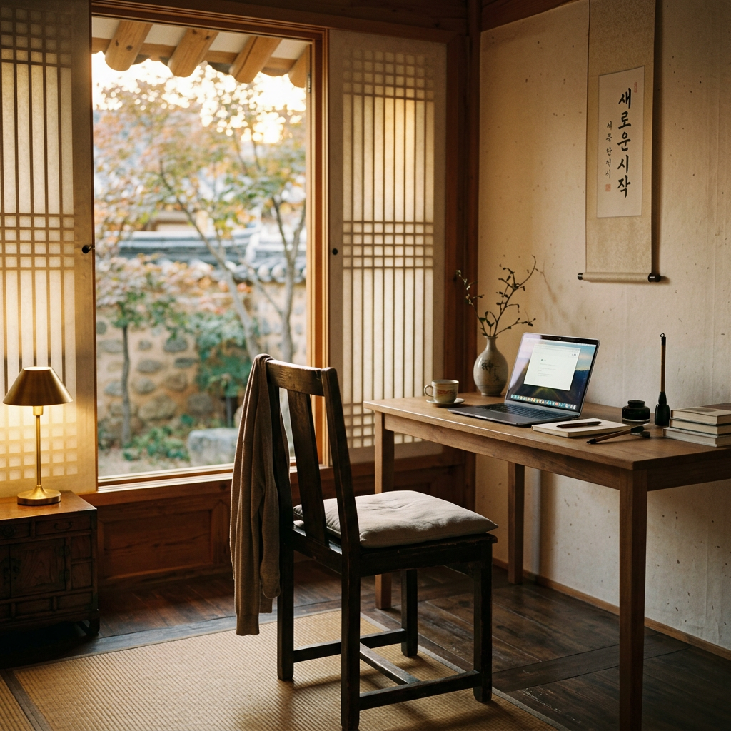 An empty chair facing a computer in a serene room with soft 