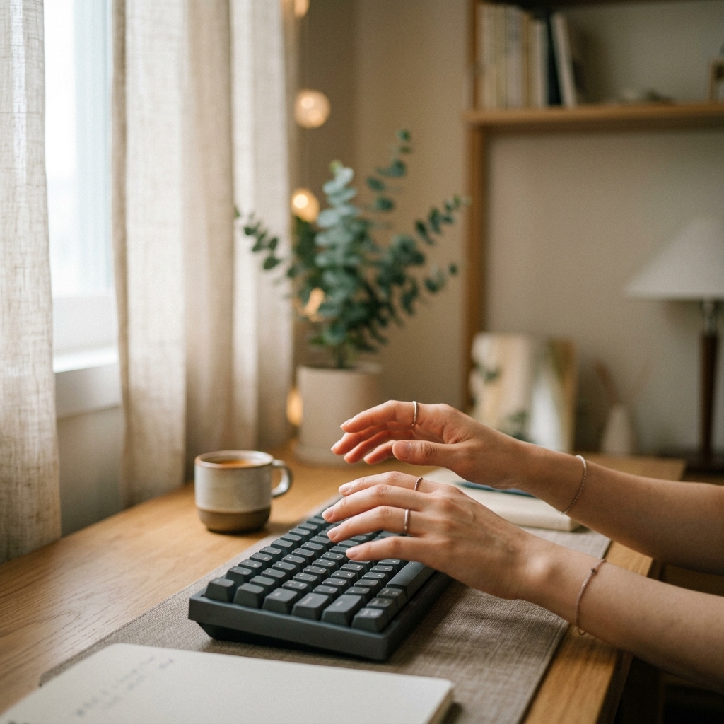 Hands hovering above a keyboard in soft diffused light, blur