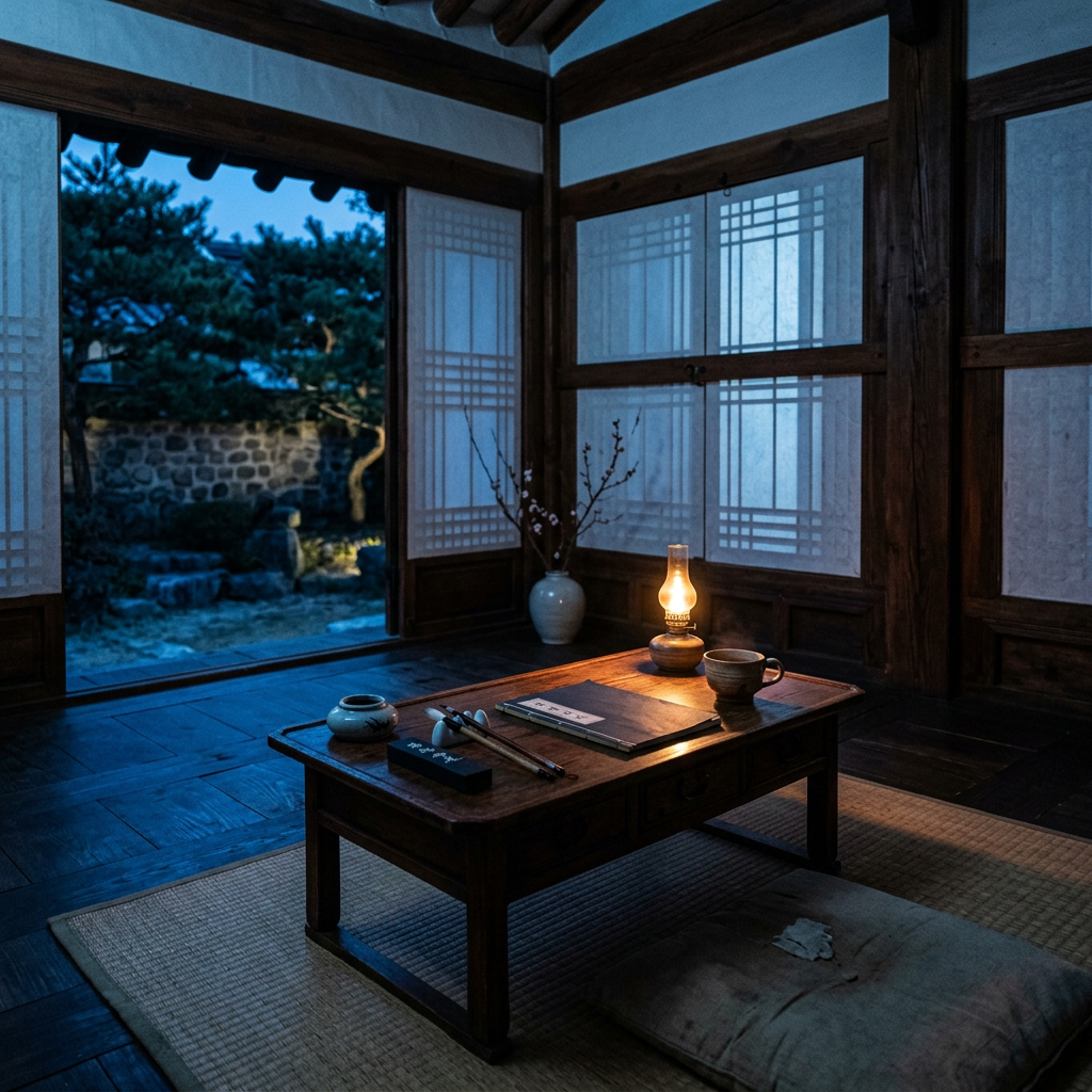 A solitary workspace bathed in cool blue and warm amber ligh
