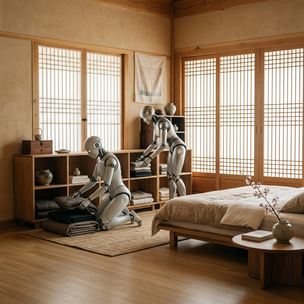 A minimalist Korean bedroom with soft natural light filterin