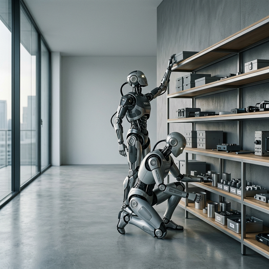 Two humanoid robots in an empty modern room, one reaching to