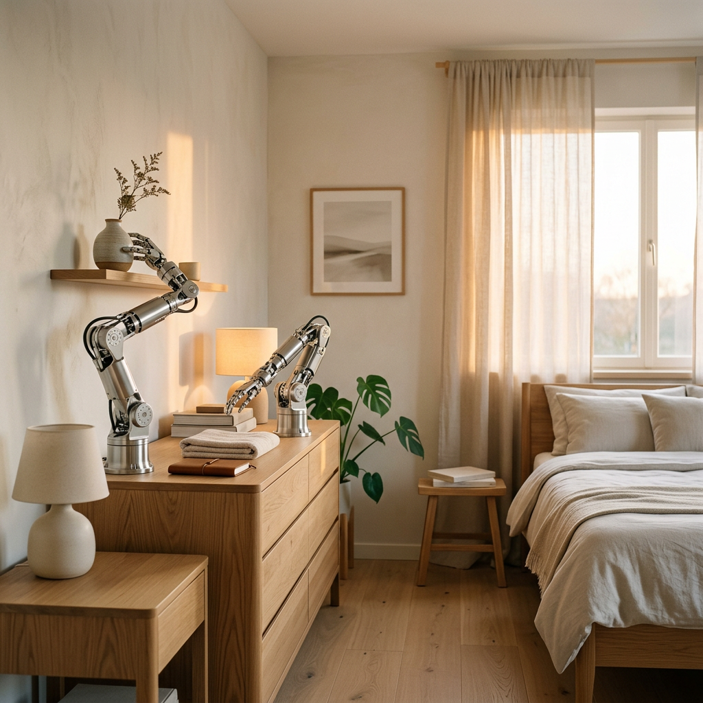 Minimal bedroom scene with pale walls and wooden furniture, 