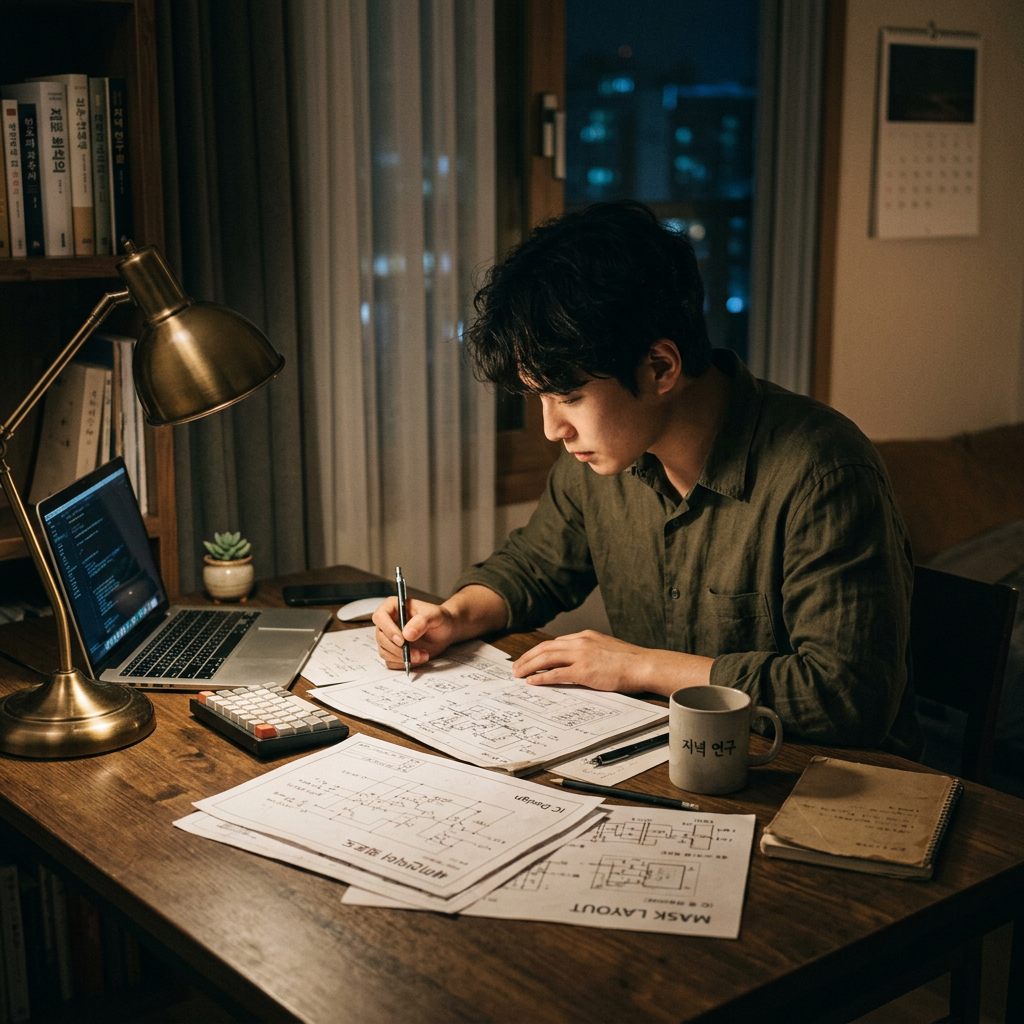 A minimalist workspace with scattered semiconductor blueprin
