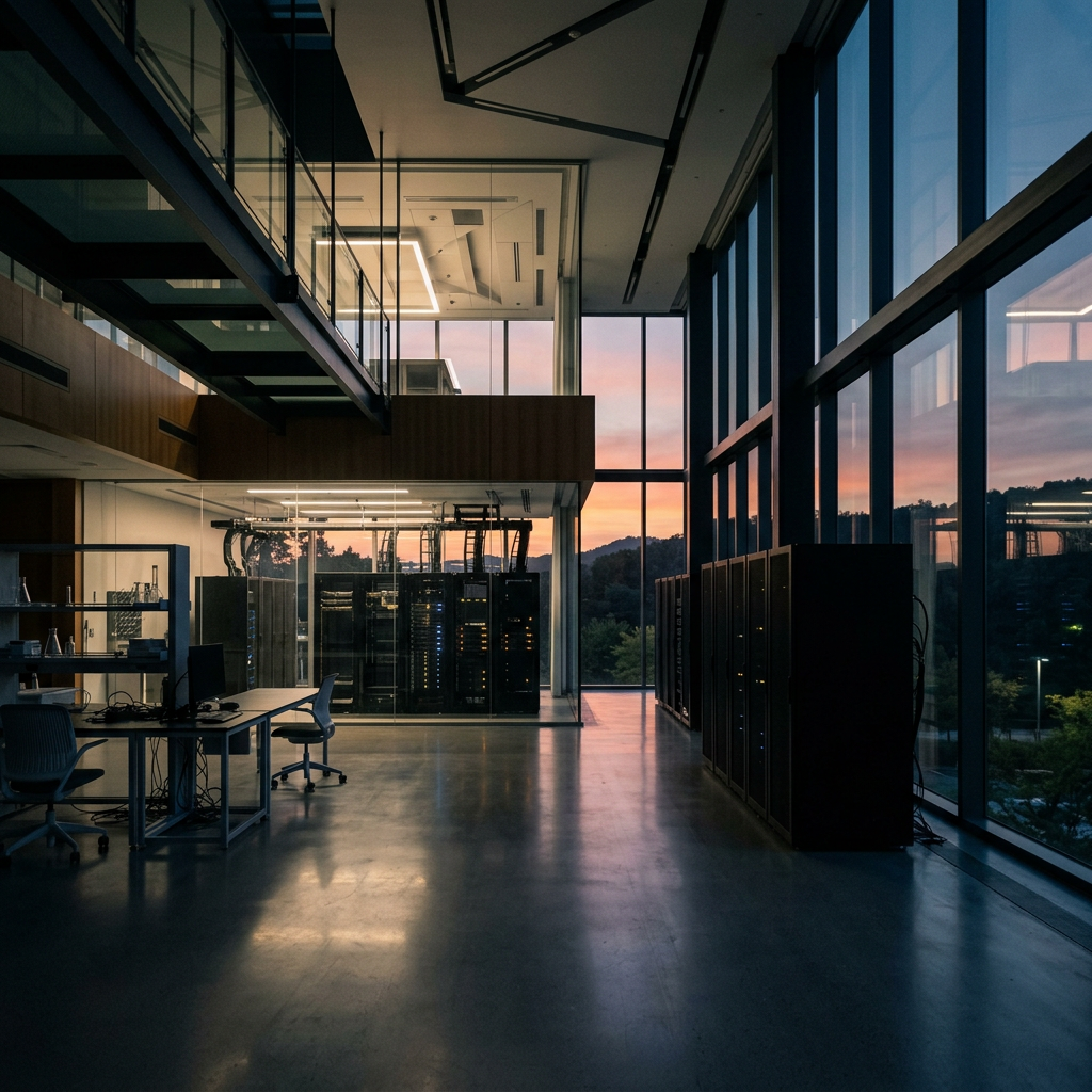 Empty research laboratory at dusk with silhouettes of comput