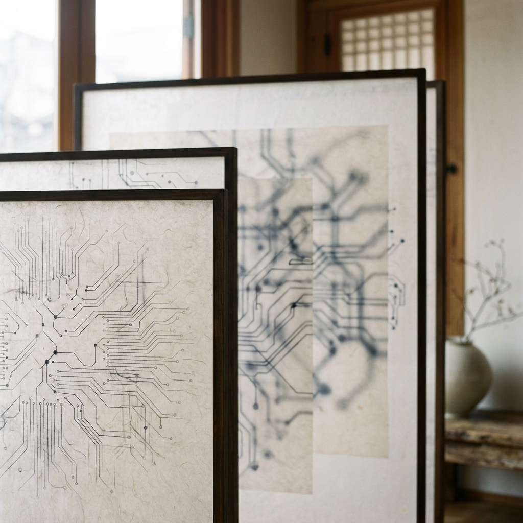 Layered translucent screens showing abstract circuit pattern