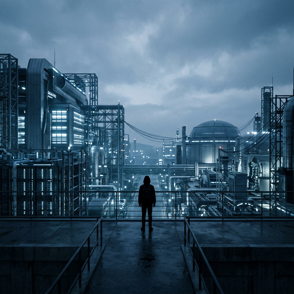 Silhouette of a small figure standing before vast technologi