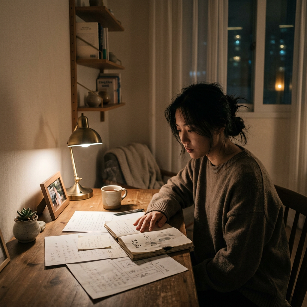 A minimalist workspace with scattered papers and a dim desk 