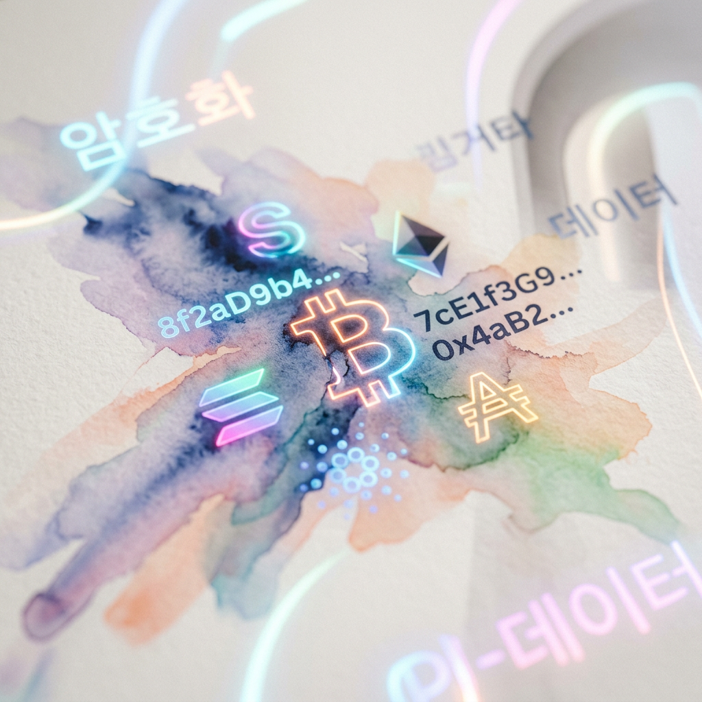 A close-up of cryptocurrency symbols and encrypted digital c