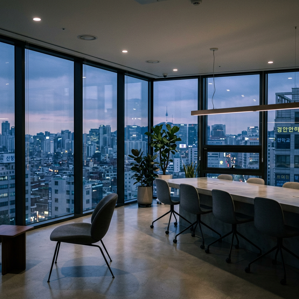 An empty conference room with floor-to-ceiling windows overl