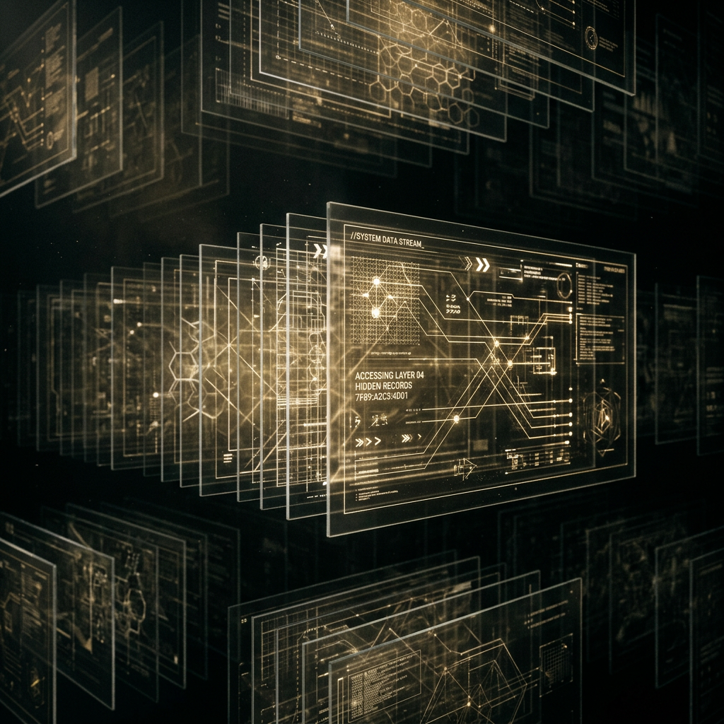 Stacked layers of translucent screens fading into darkness, 