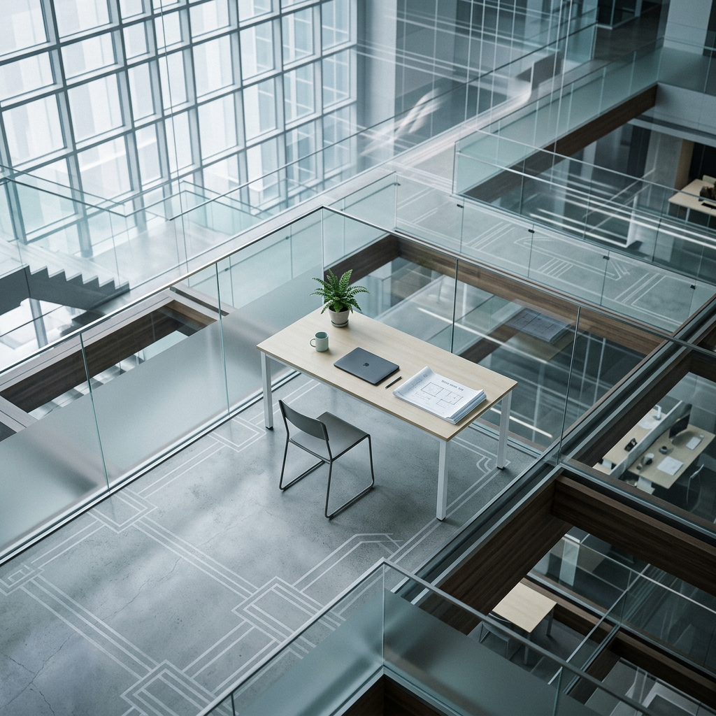 A minimalist workspace bathed in cool morning light, with la