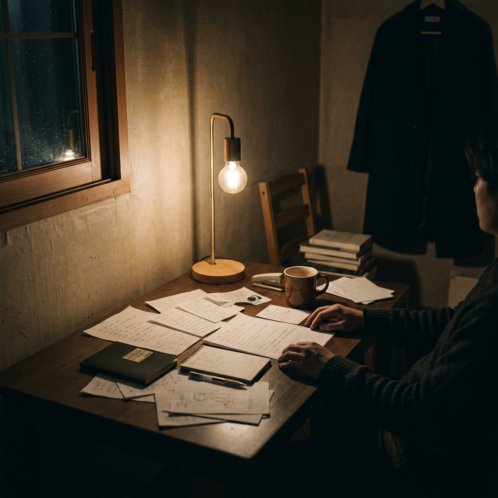 A minimalist workspace with scattered papers and a single di