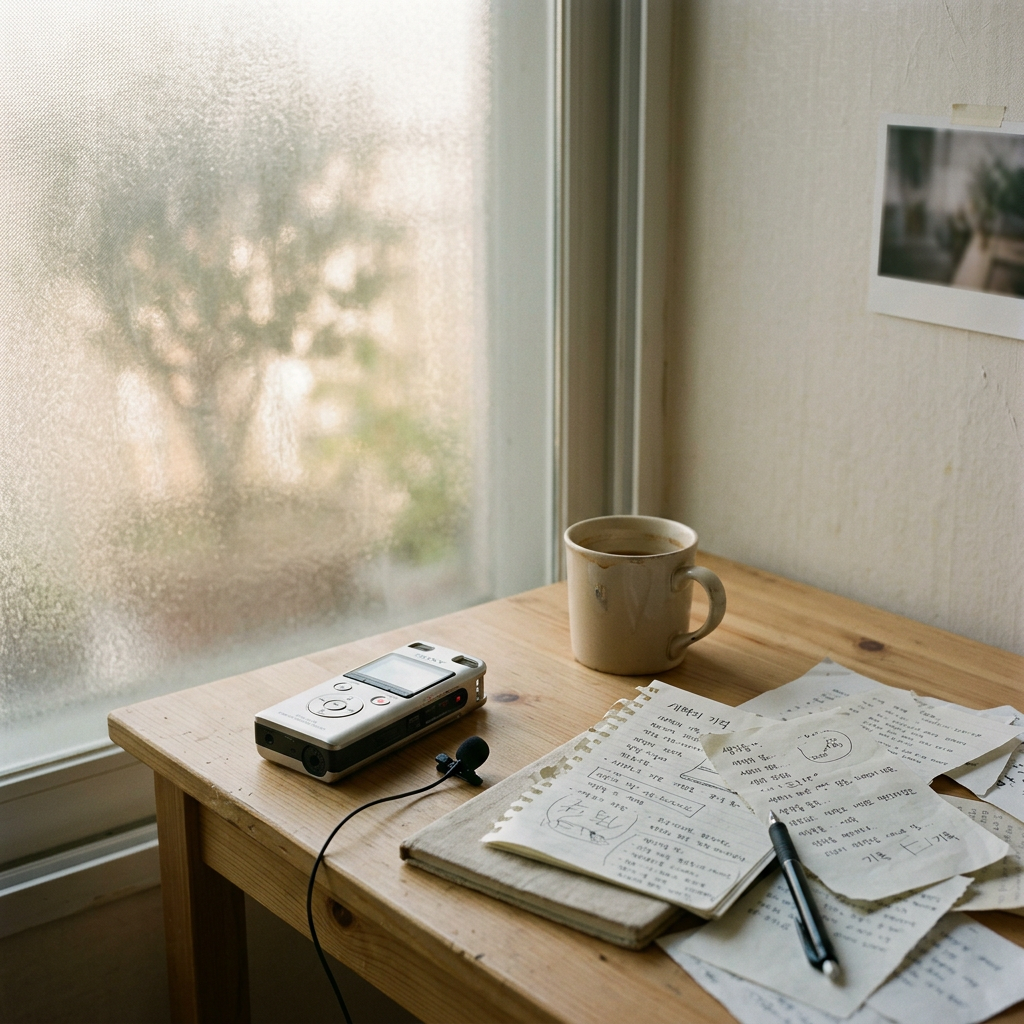 A minimalist desk with a recording device and scattered note
