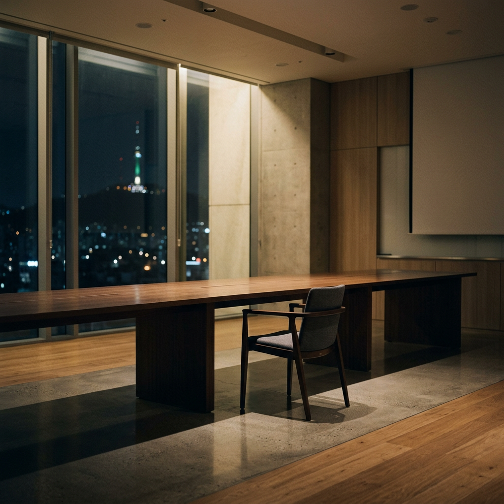 An empty conference room after hours with a single chair, so