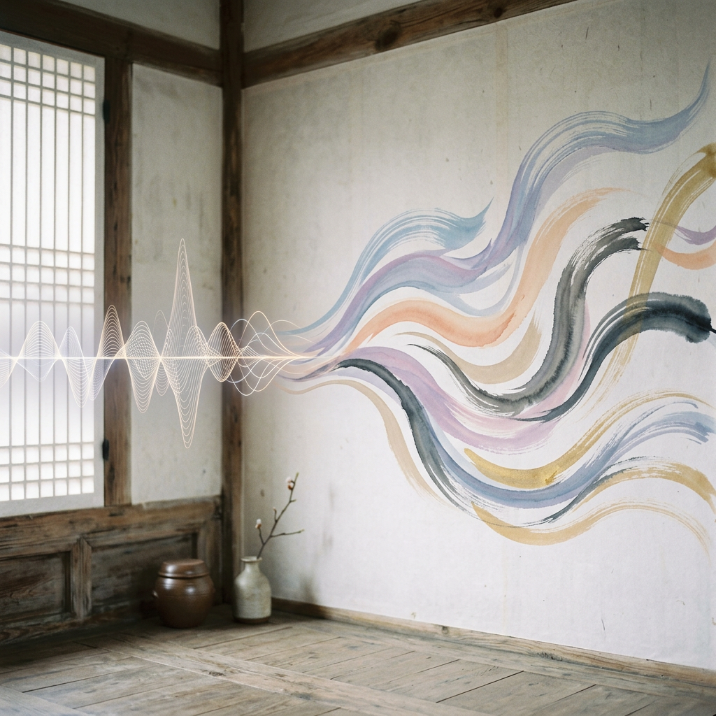 Abstract composition of sound waves transforming into flowin