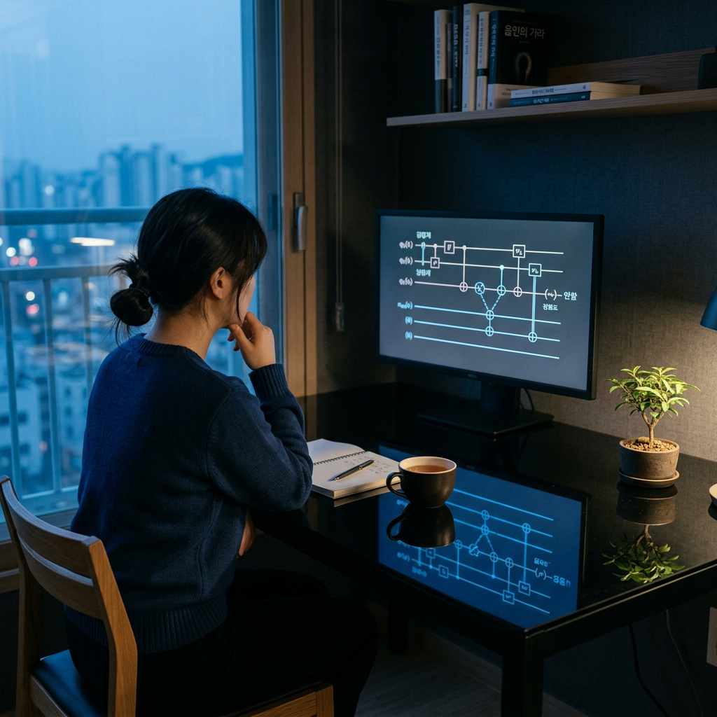 A minimalist workspace bathed in soft blue light, a single q