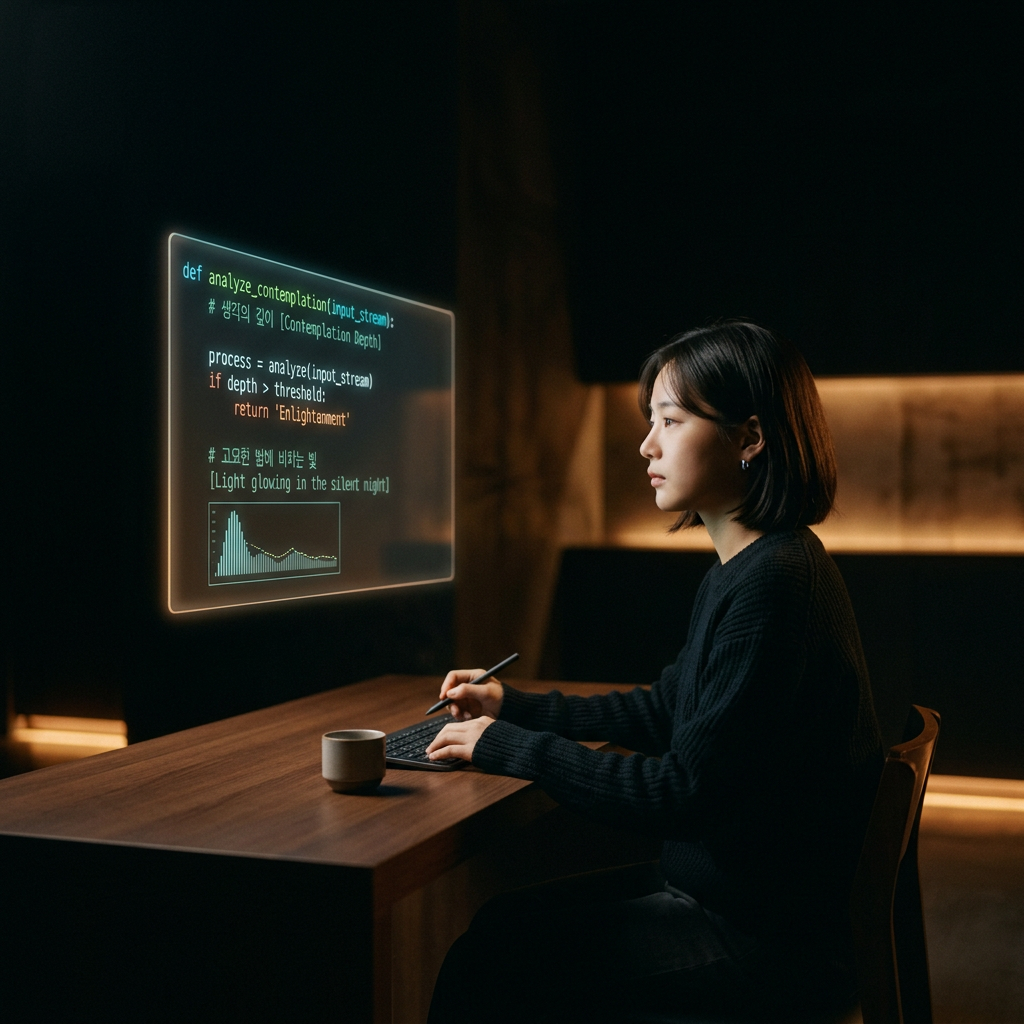 A single glowing code interface suspended in darkness with s
