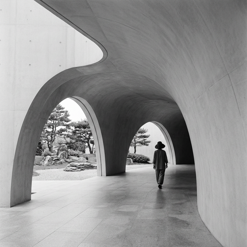 Smooth curved architectural forms in monochromatic tones wit