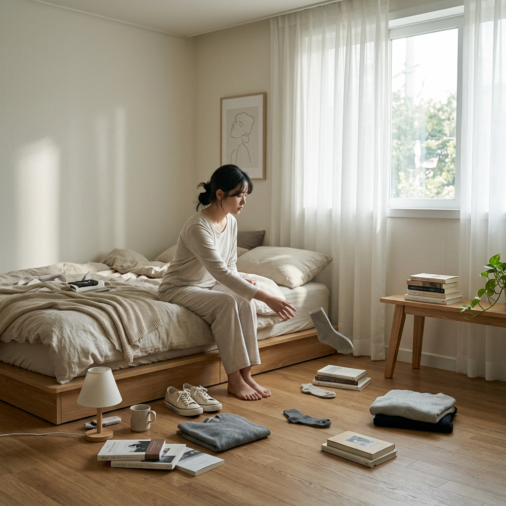 A minimalist bedroom with scattered items slowly organizing 