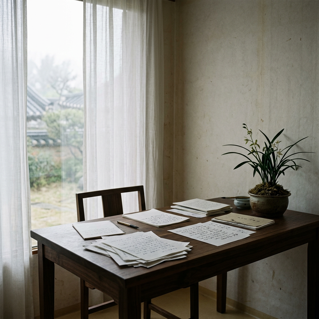 A minimalist study desk with scattered papers and a single p
