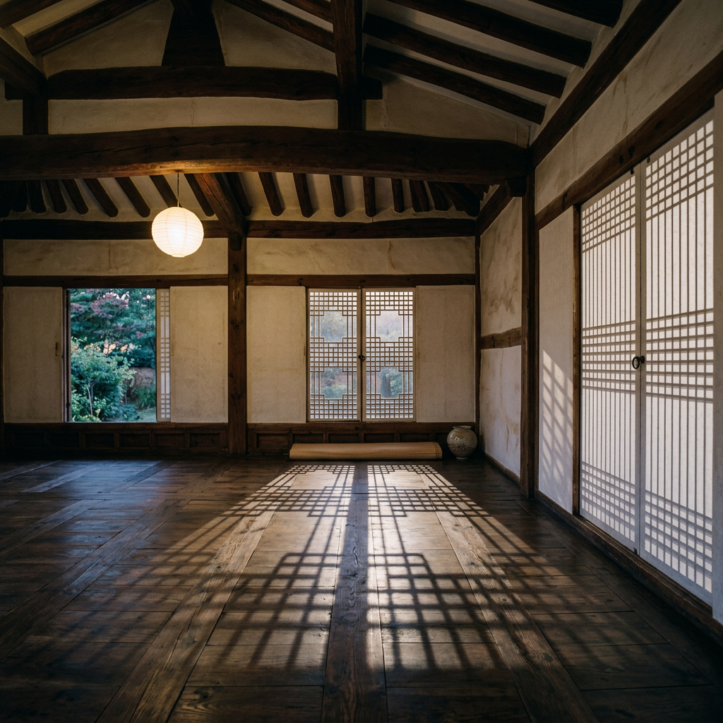 An empty Korean-style room with wooden beams, shadows cast b