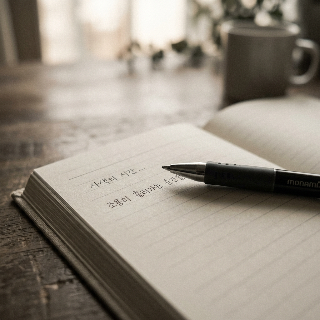 A close-up of pen on notebook with blurred background, subtl