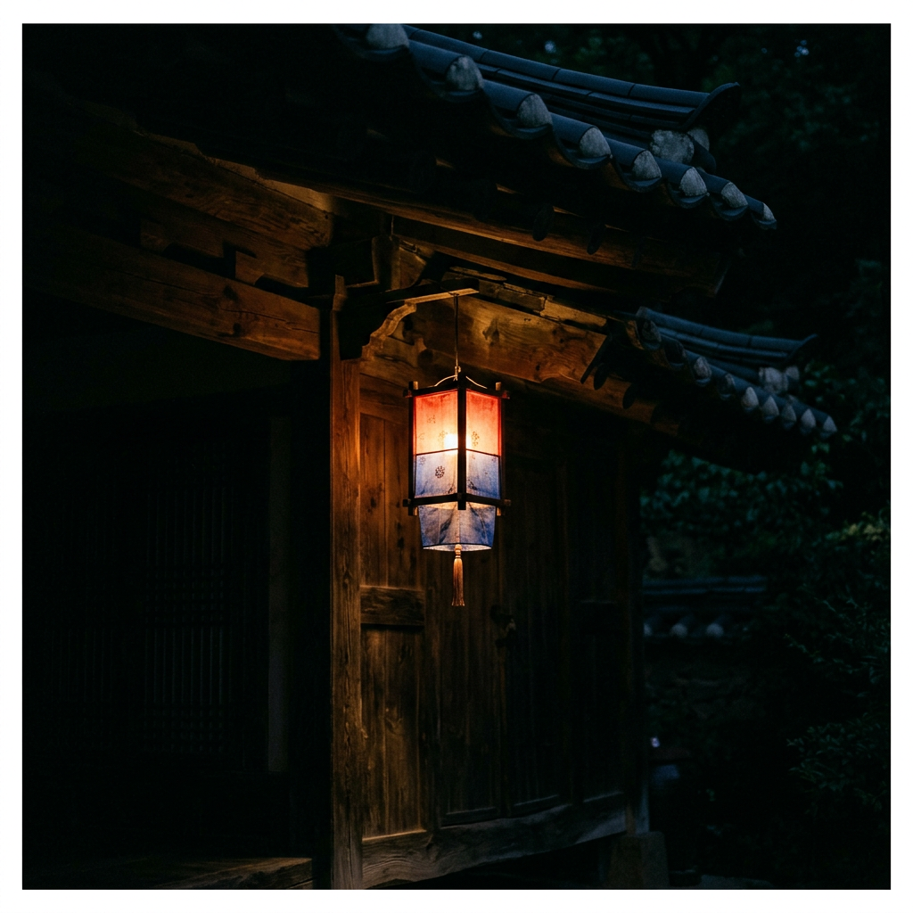 Traditional Korean lantern glowing softly in darkness, surro