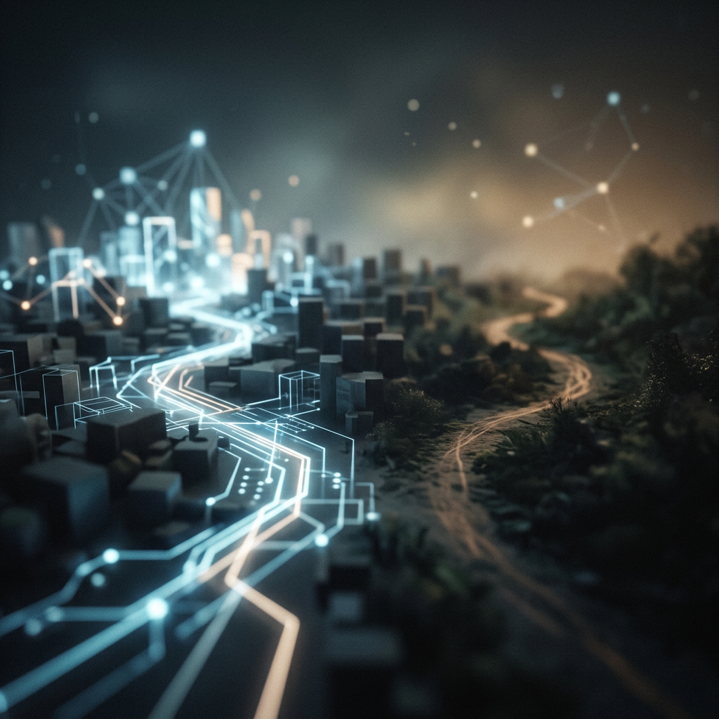 Abstract visualization of diverging paths in soft focus, one