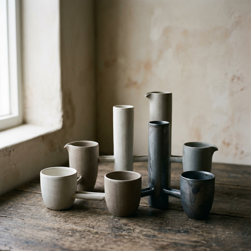 A minimalist still life of empty interconnected vessels or c