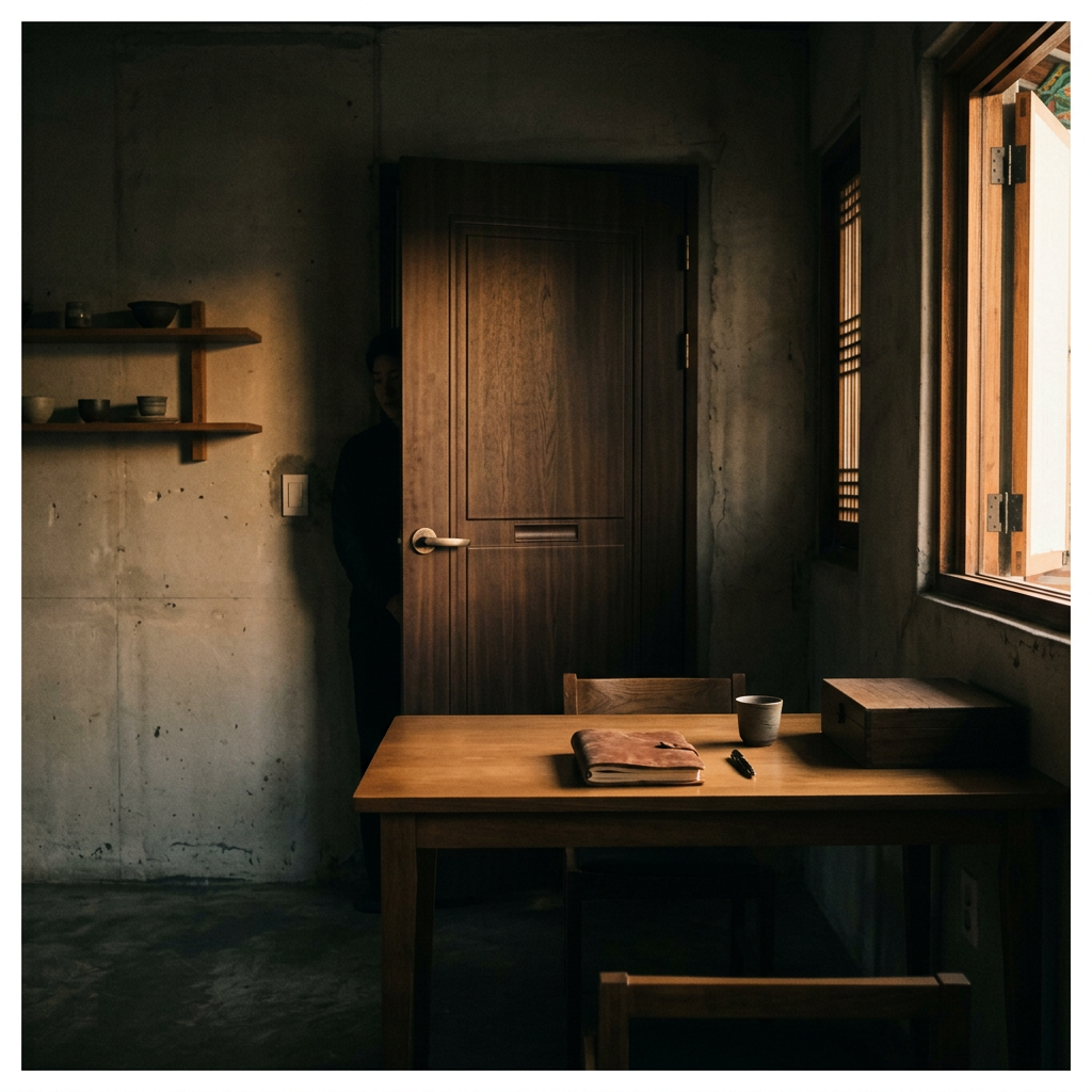 A minimalist workspace bathed in soft golden light, with a s