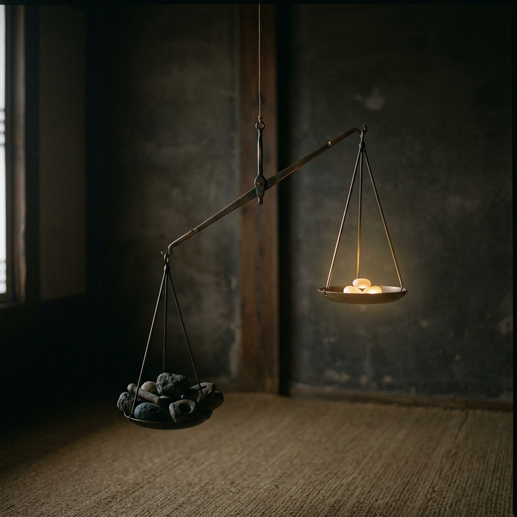 A delicate balance scale tilted unnaturally, one side glowin