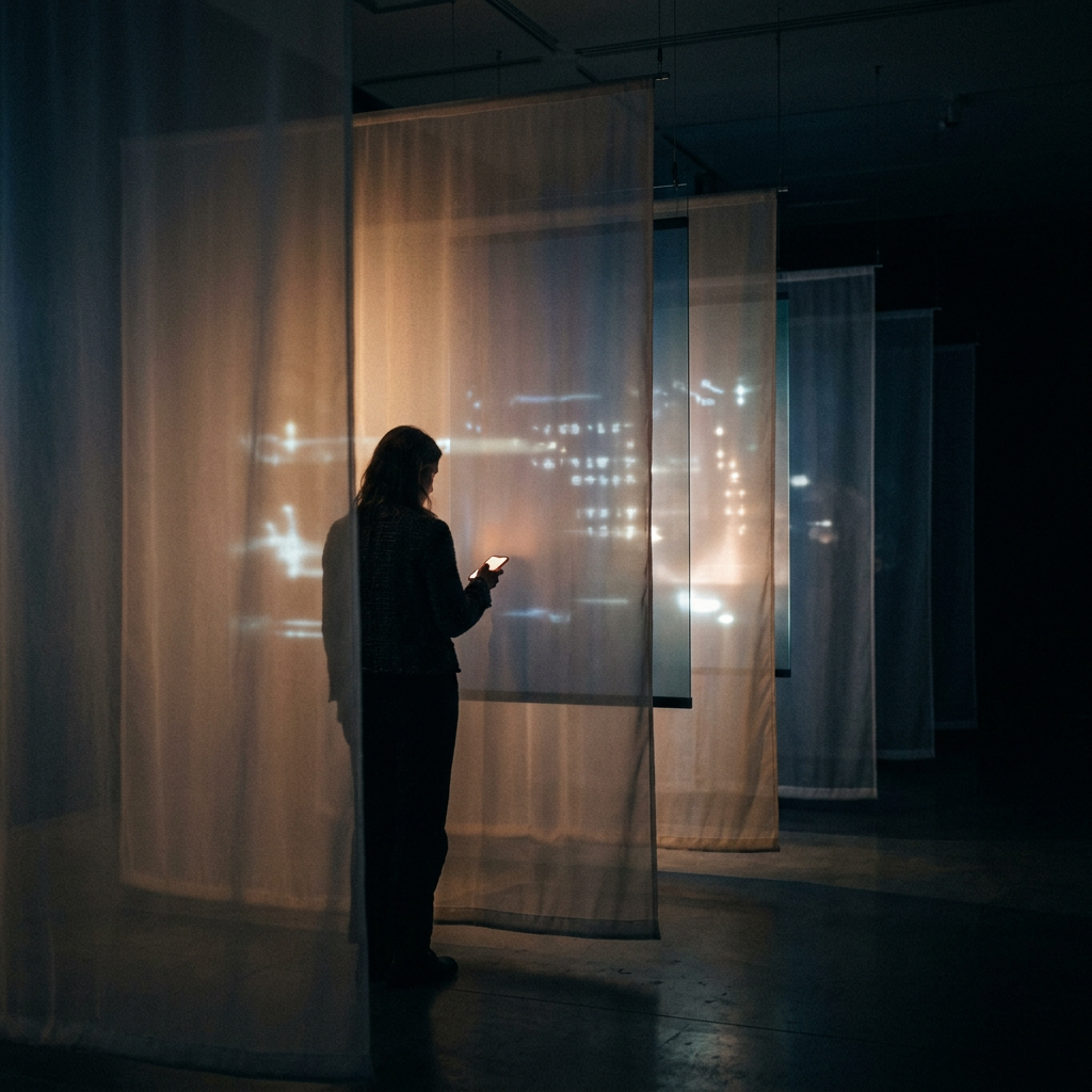 Layered translucent screens fading into darkness, soft diffu