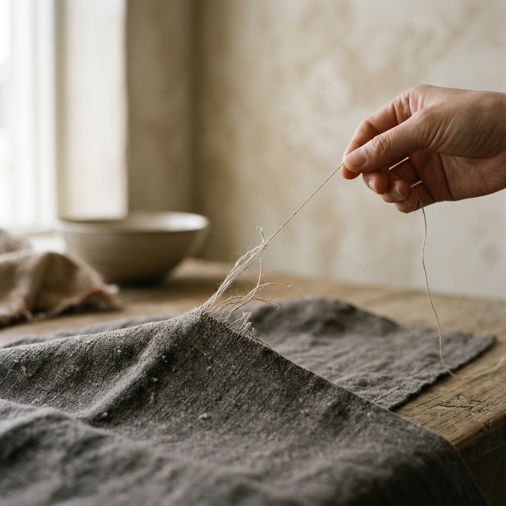 A single thread being pulled from fabric, unraveling in soft