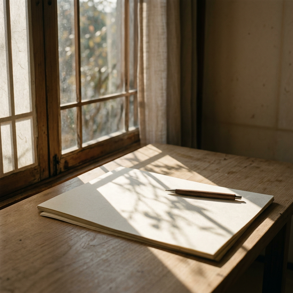 A minimalist desk with a single pen resting on blank paper, 