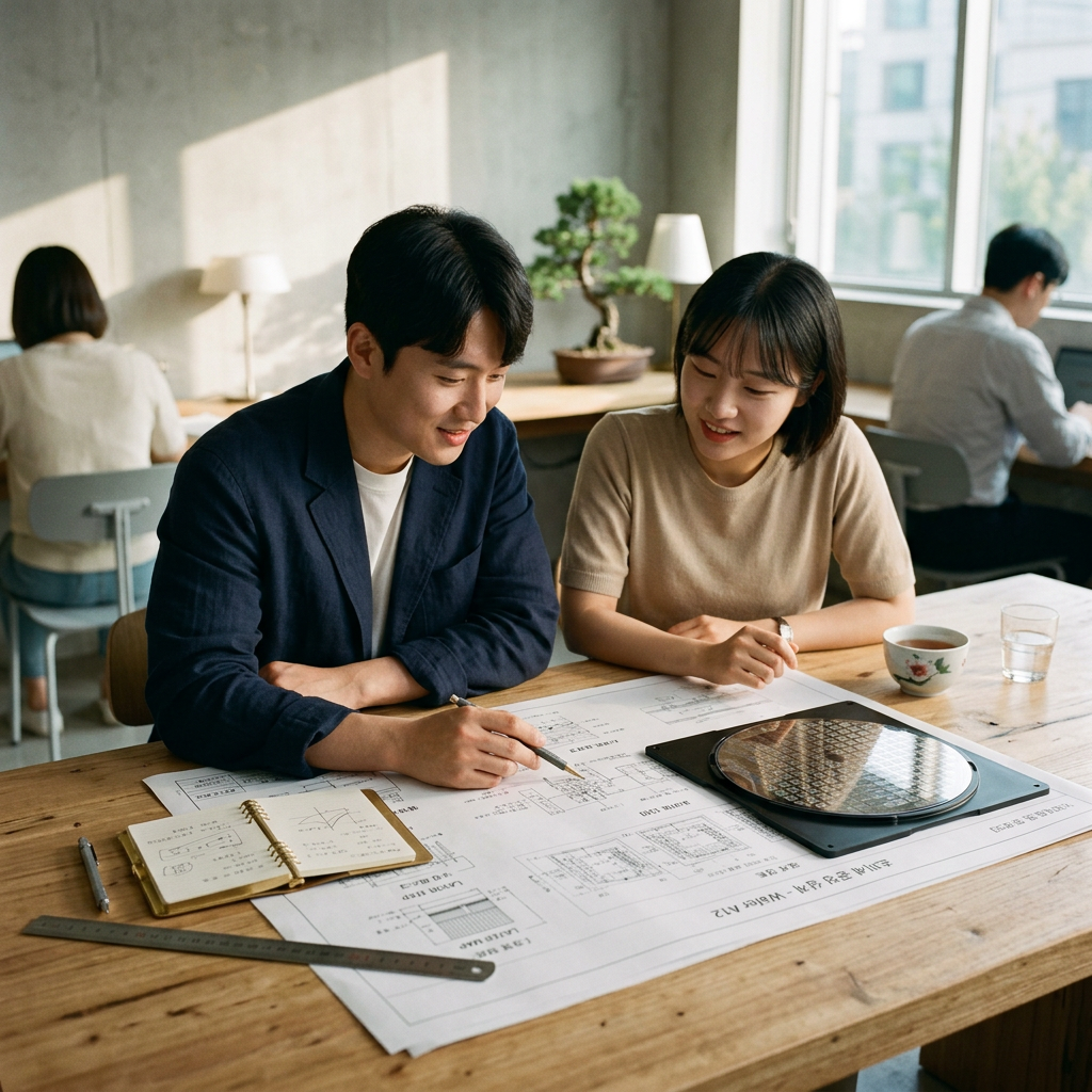 A minimalist workspace with semiconductor wafers and design 