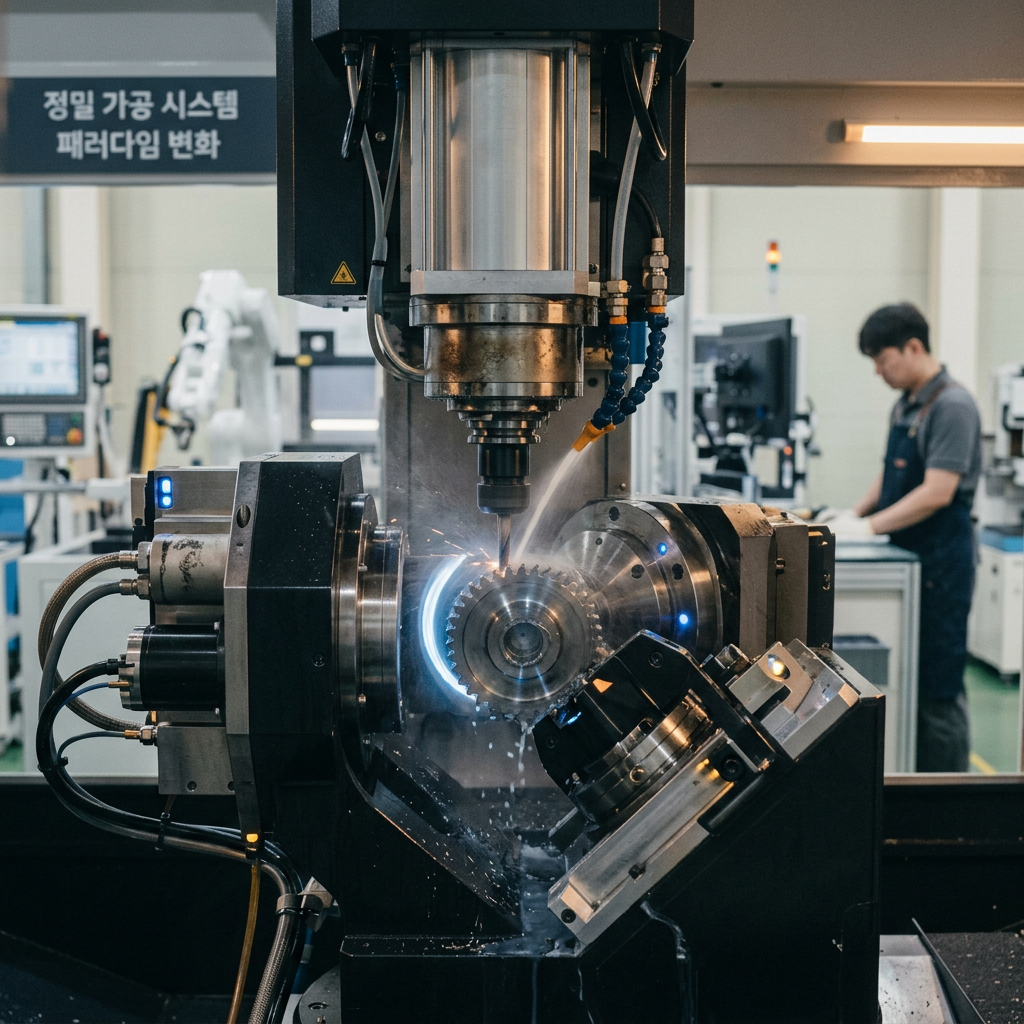 Close-up of precision manufacturing equipment with subtle re