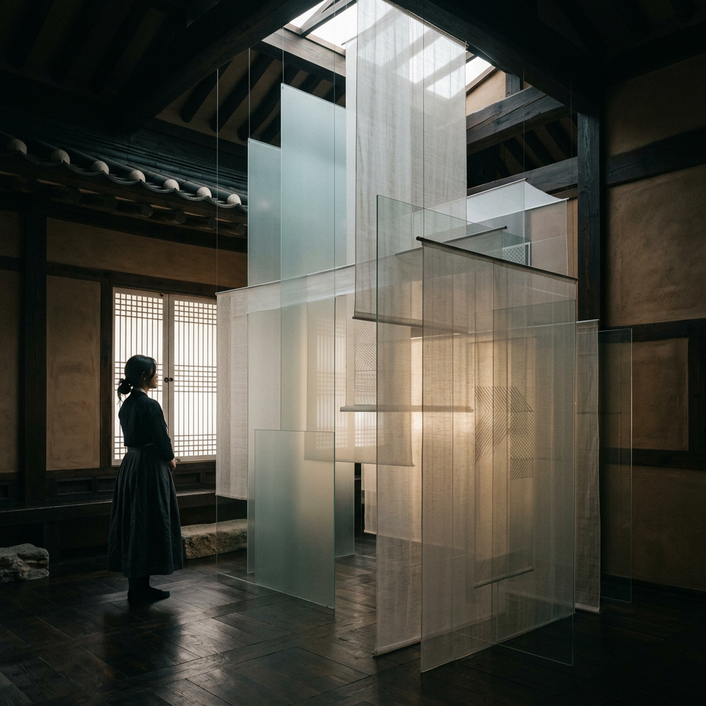 Layered translucent materials and architectural forms sugges