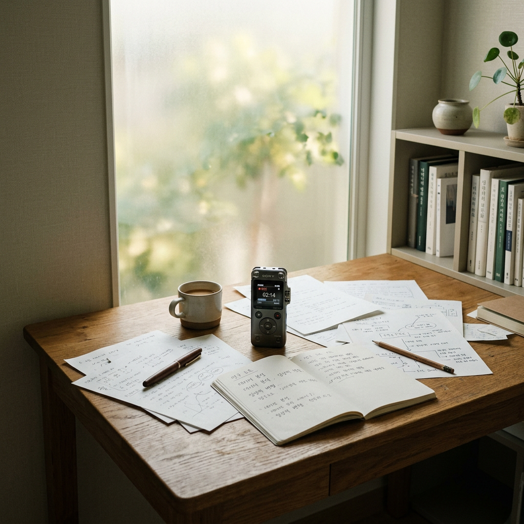 A minimalist desk with scattered notes and a recording devic