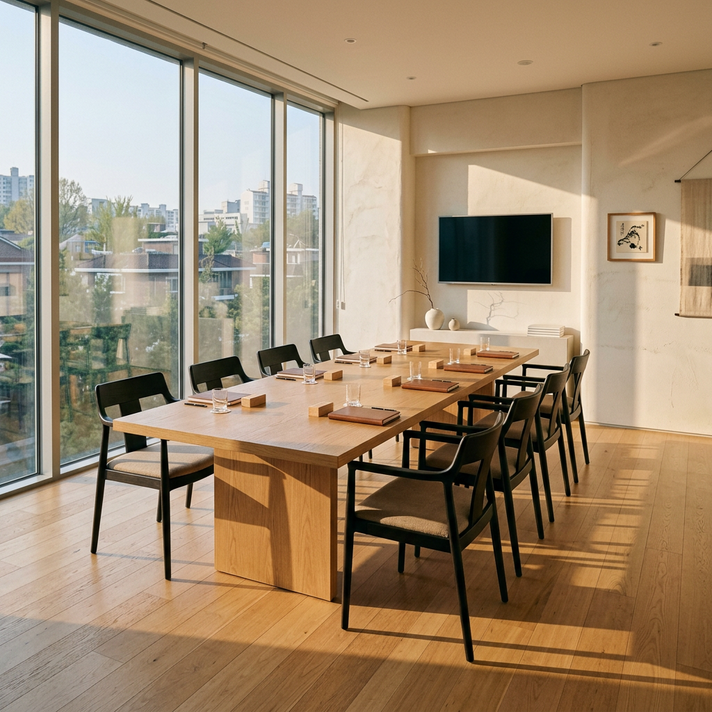 Empty conference room with morning light creating subtle sha