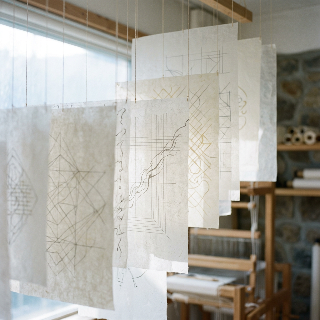 Layered translucent sheets with delicate lines forming patte