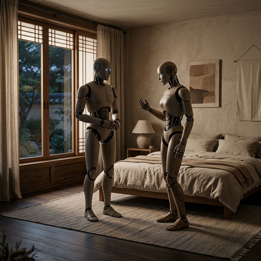 A minimalist shot of two humanoid robots in a softly lit bed