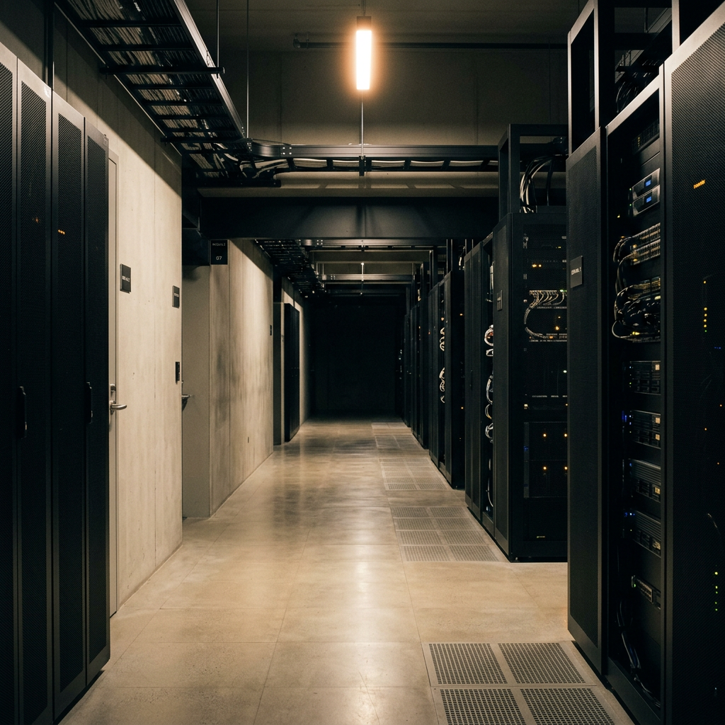 Empty server room corridor with single warm light source ill