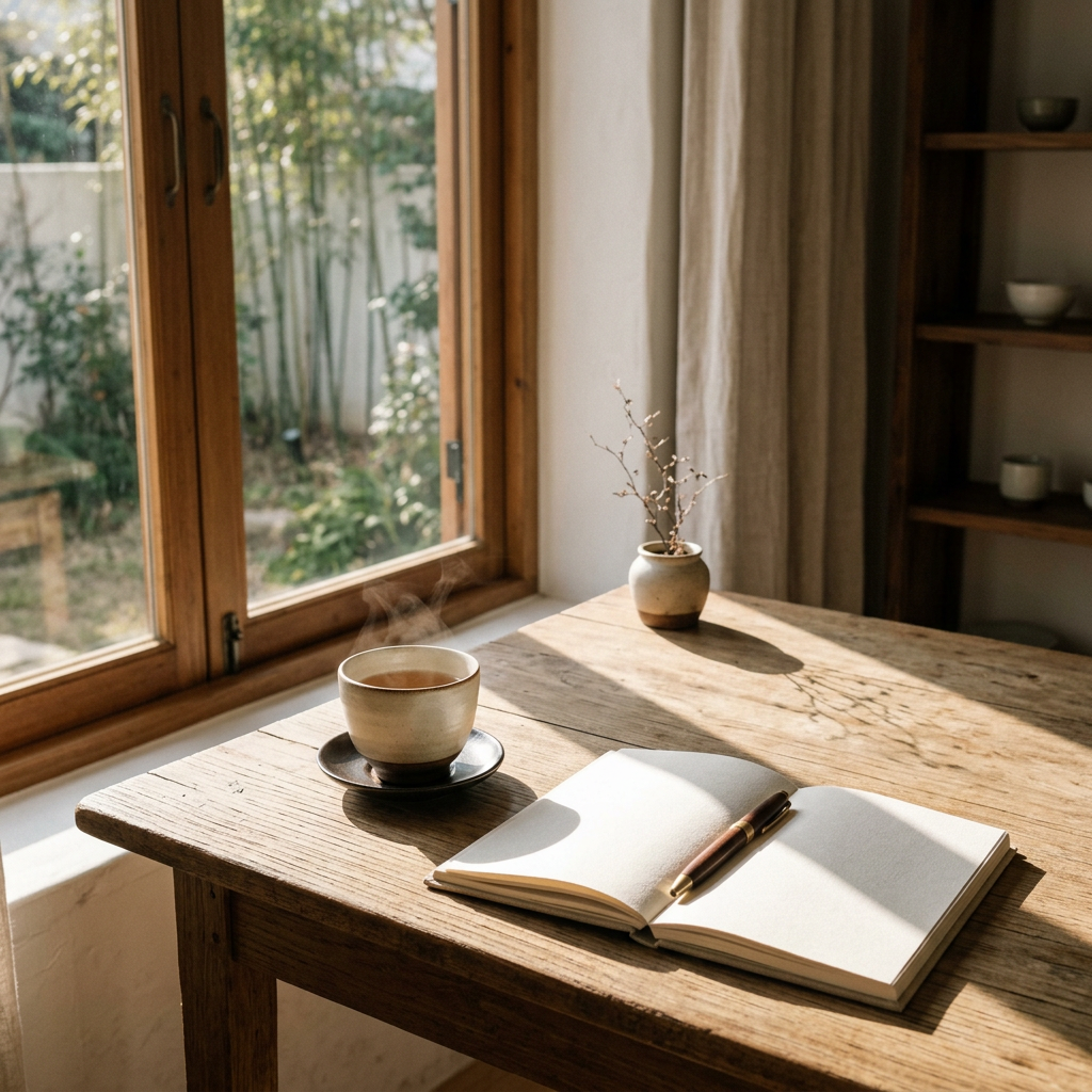 A minimalist workspace with a single cup of tea beside an em