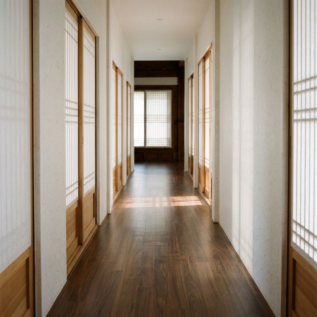 A minimalist corridor with soft shadows, empty and serene, e