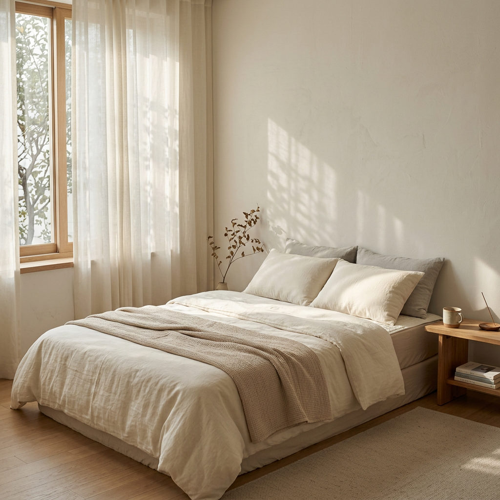 A minimalist bedroom with soft morning light filtering throu