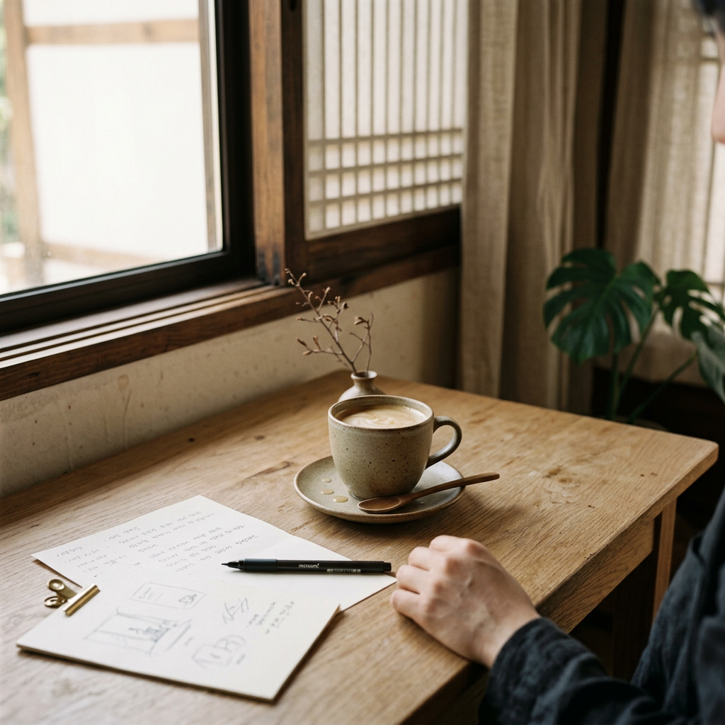 A minimalist desk with scattered papers and a single cup of 