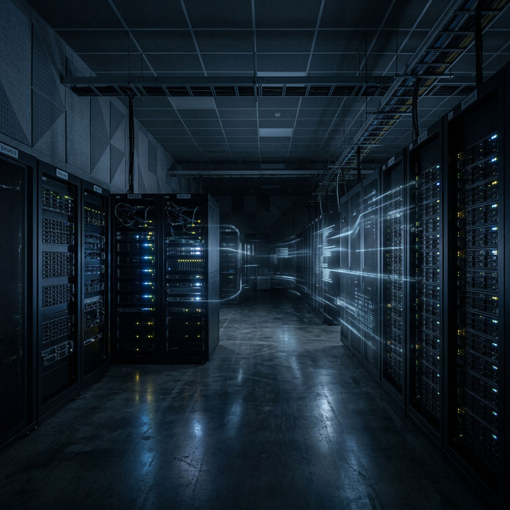 An empty server room with minimal lighting, abstract digital