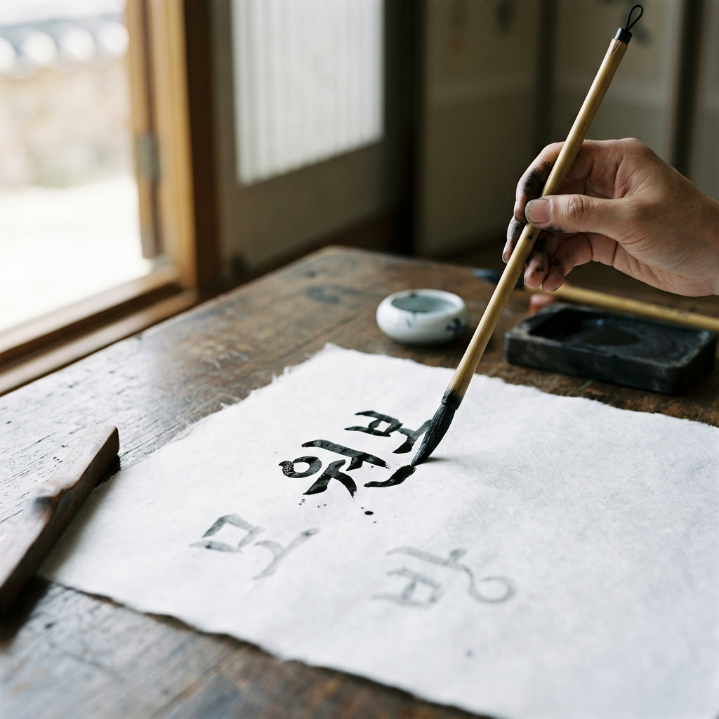 A delicate ink brush frozen mid-stroke on white paper, soft 