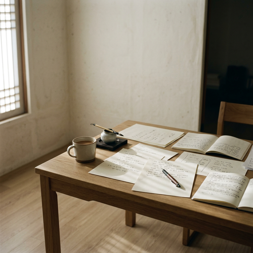 A minimalist desk with scattered papers and a single pen, so